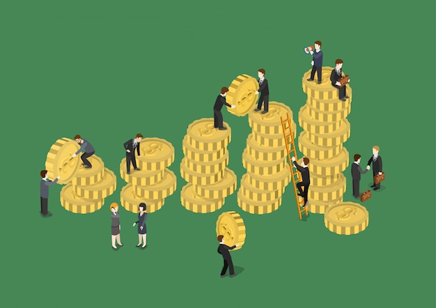 Isometrische illustration des finanziellen wachstums des geschäftskonzepts geschäftsleute, die datengrafik-datengrafik der münzen mit geldhaufen hinzufügen. kreative personensammlung.