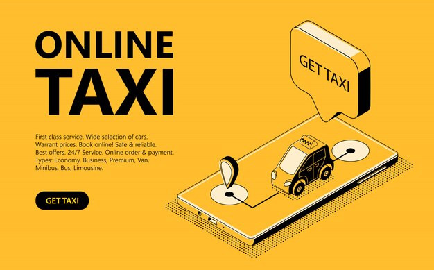 Isometrische Illustration des on-line-Taxis, Webseite für das Empfangen eines Fahrerhauses