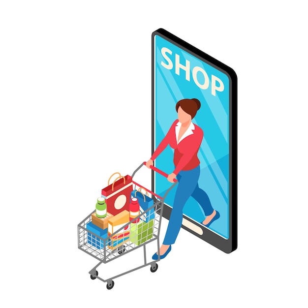 Isometrische Illustration des Online-Shop-Supermarktes mit Charakter, der Wagen mit Einkäufen trägt