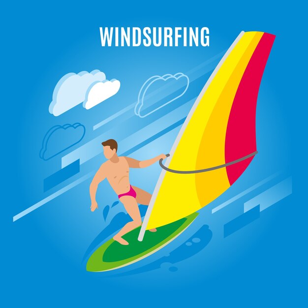 Isometrische Illustration des Surfens mit Figur des männlichen Charakters auf Surfbrett mit Segel- und Wolkenbildern