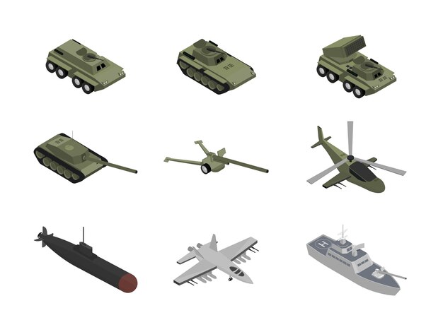 Isometrische Illustrationen für Militärmaschinen setzen BMP-Panzer und gepanzerte Personentransporter, Luft-, Boden- und Seefahrzeuge, Hubschrauber und Kampfflugzeuge, schwere Kriegsmaschinen, Schlachtschiff und U-Boot
