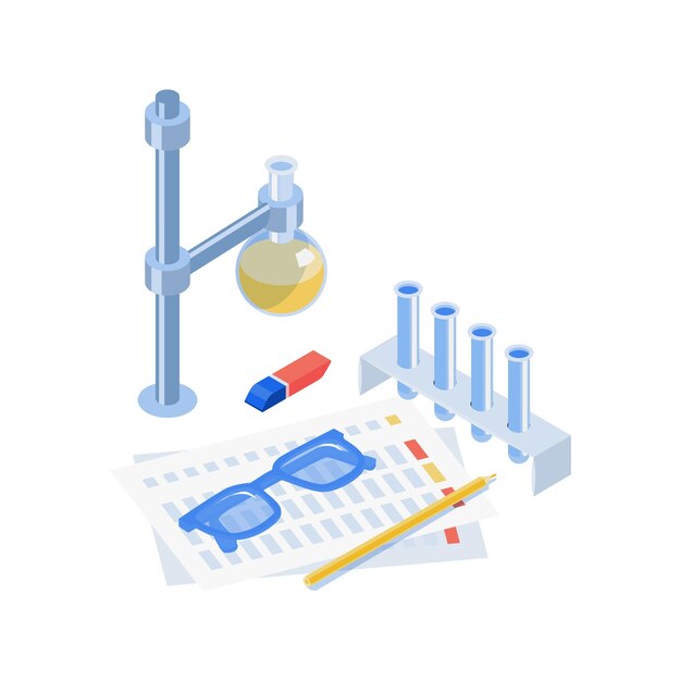Isometrische Impfzusammensetzung mit Blick auf Reagenzgläser, Glasfläschchen und Schutzbrille mit Papierformel und Bleistiftillustration