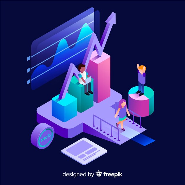 Isometrische Infografik mit Diagrammen und Menschen