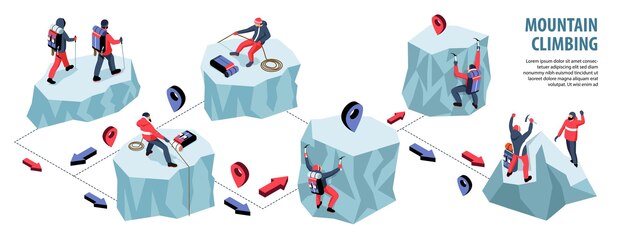 Isometrische infografik zum bergsteigen