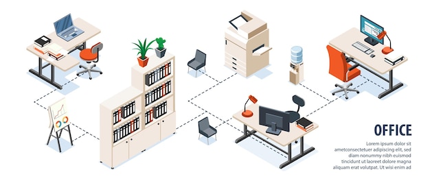 Kostenloser Vektor isometrische infografiken der büroeinrichtung, die moderne ergonomische möbel- und bürogerätevektorillustration demonstrieren