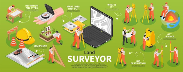 Isometrische ingenieurvermesser infografiken mit berufsinstrumenten und symbolvektorillustration