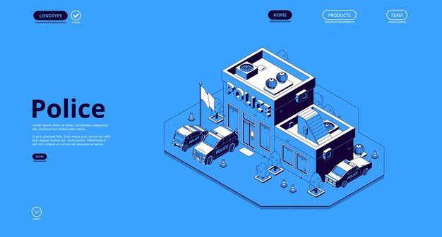 Isometrische Landing Page der Polizeistation mit Bürogebäudefassade der Polizeiabteilung, Streifenwagen und schwenkender Flagge. Stadthausarchitektur des Bezirks, 3D-Vektorlinie Kunstillustration, Webbanner