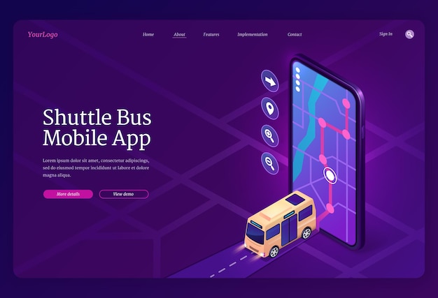 Isometrische landingpage der mobilen app für shuttlebusse. antrag auf transportortkontrolle.