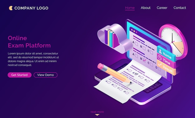 Isometrische landingpage der online-prüfungsplattform, test