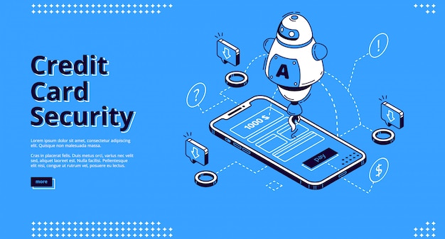 Isometrische landingpage für kreditkartensicherheit, roboter