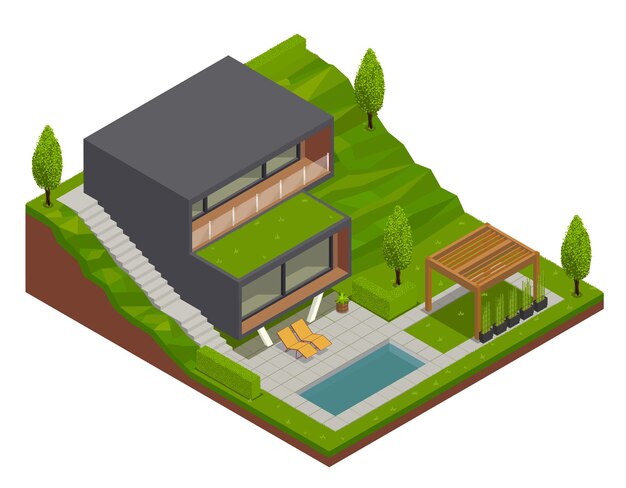 Isometrische Landschaftskomposition mit Außenansicht der modernen Villa und dekoriertem Hinterhof mit grünem Gelände