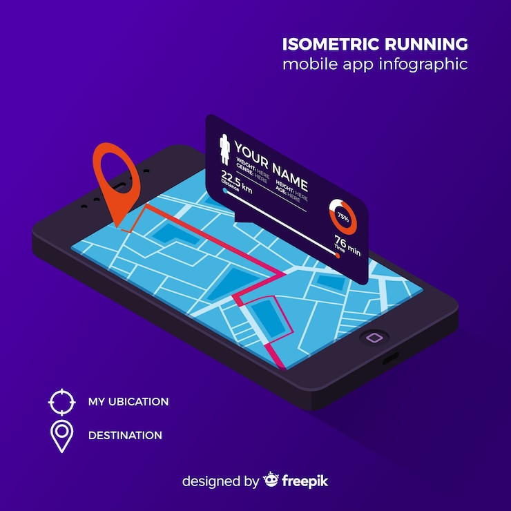 Kostenlose Vektor isometrische laufende mobile app infografik