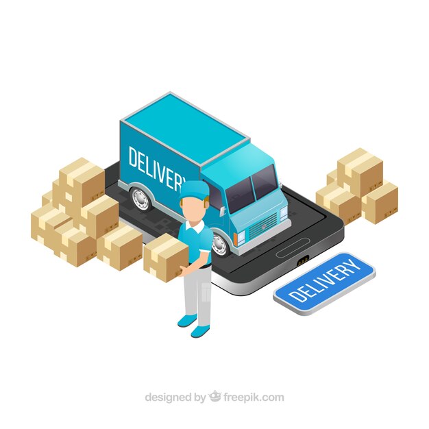 Isometrische Lieferung mit Lastwagen und Smartphone