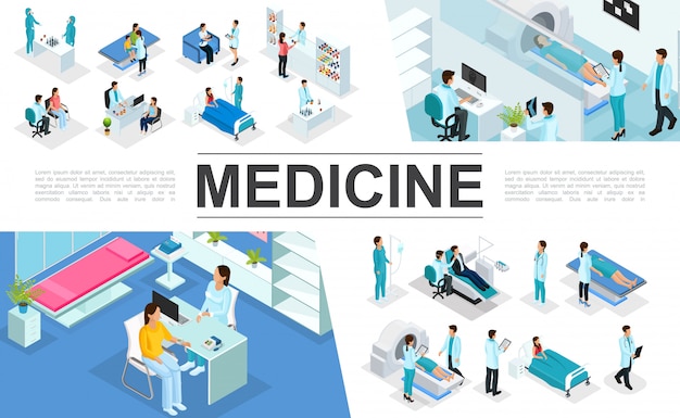 Isometrische medizin zusammensetzung mit ärzten patienten krankenschwestern medizinische diagnostische verfahren mrt-scan apotheke laborforschung innenelemente