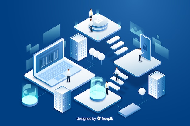 Kostenloser Vektor isometrische menschen arbeiten mit technologie