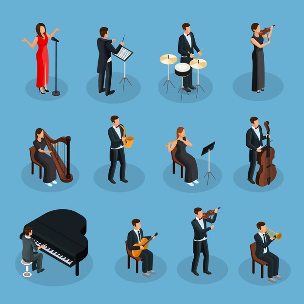 Isometrische Personen in der Orchestersammlung mit Dirigenten und Musikern, die verschiedene Musikinstrumente spielen, isoliert