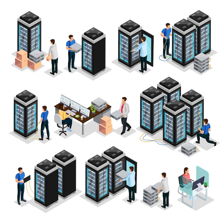 Kostenlose Vektor isometrische rechenzentrumserfassung mit ingenieuren, die hosting-server-geräte isoliert reparieren und warten
