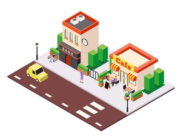 Isometrische Stadtgebäudeillustrationszusammensetzung mit Blick auf Straßencafé und Bankhäuser mit Personencharakteren