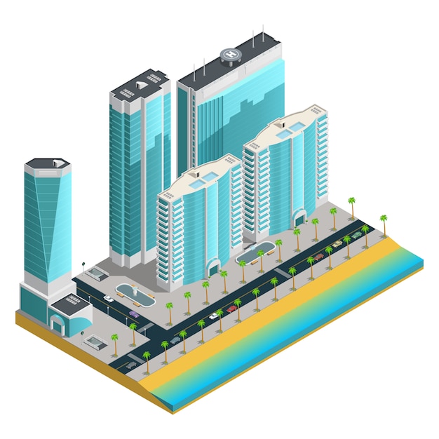 Isometrische Stadtkomposition mit modernen Wolkenkratzern und vielen mehrstöckigen Häusern am Meer