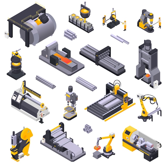 Isometrische Symbole der Metallindustrie, die mit automatisierten Anlagen und Arbeitern eingestellt sind, isoliert auf weißem Hintergrund 3D-Vektorillustration