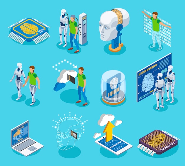 Kostenloser Vektor isometrische symbole mit isolierten bildern von cyborg elektronische teile piktogramme und menschliche charaktere gesetzt