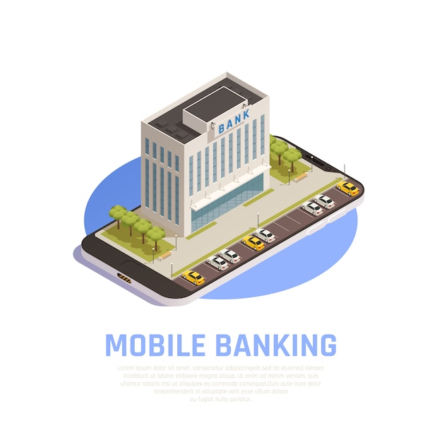 Kostenloser Vektor isometrische symbolische zusammensetzung der internet-online-banking-dienstleistungen mit finanzhauptsitzgebäude auf mobilem schirm