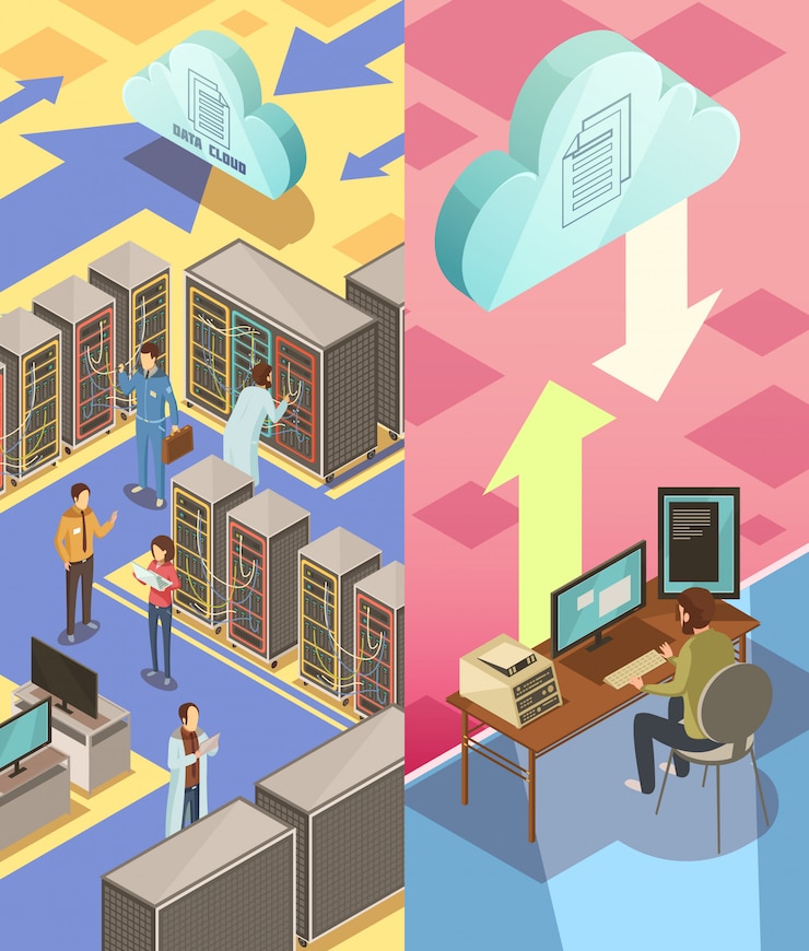 Kostenlose Vektor isometrische vertikale banner des informationszentrums mit mitarbeitern, die server-cloud-services und -transfer anbieten
