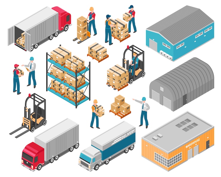 Kostenlose Vektor isometrische warehouse logistic icon set