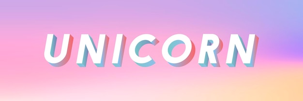 Isometrische wort-einhorn-typografie auf einem pastellfarbenen hintergrund mit farbverlauf