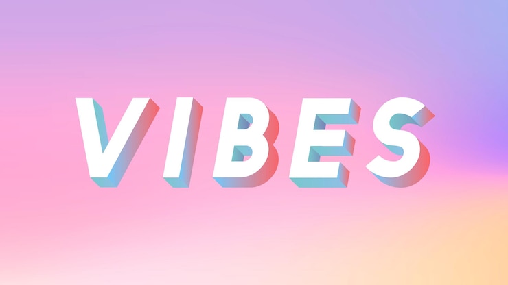 Kostenlose Vektor isometrische wort-vibes-typografie auf einem pastellfarbenen farbverlauf-hintergrundvektor