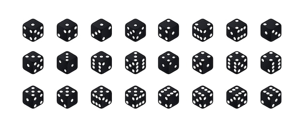 Isometrische Würfel. Varianten schwarze Wildwürfel lokalisiert auf weißem Hintergrund. Alle möglichen Runden sammeln.