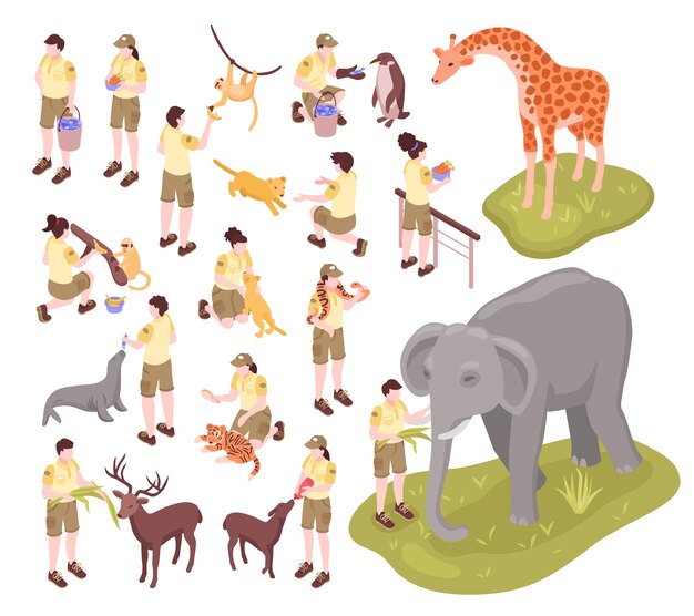 Isometrische Zooarbeiter setzen menschliche Charaktere von Tierpflegern und Tieren auf leerem Hintergrund ein
