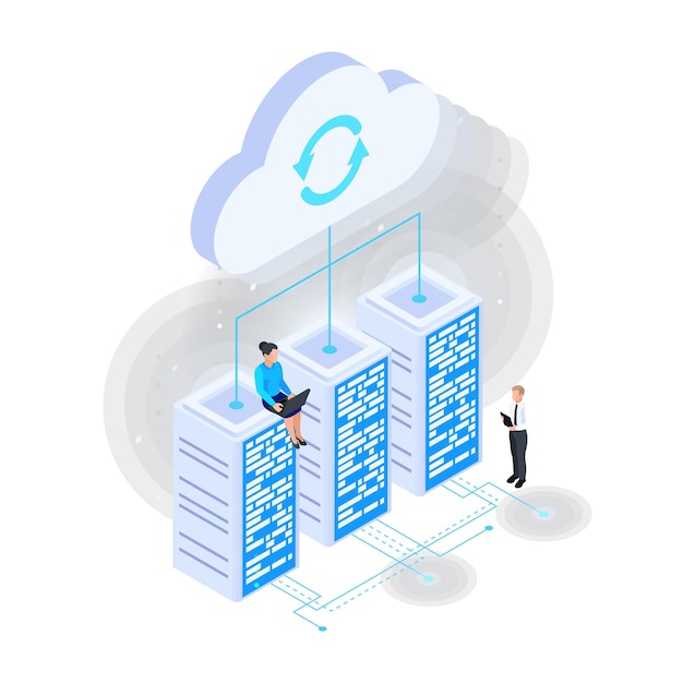Kostenloser Vektor isometrische zusammensetzung der cloud-dienste mit cloud-verbindungssymbolen von server-racks, die mit der cloud verdrahtet sind, mit synchronisierungszeichen-vektorillustration