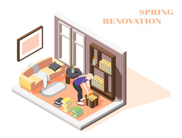 Isometrische Zusammensetzung der Frühlingsrenovierung mit Frau, die allgemeine Reinigung ihres Zimmers durchführt