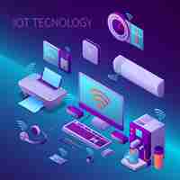 Kostenloser Vektor isometrische zusammensetzung der iot-technologie mit büroausstattung und vektorillustration der elektronischen persönlichen geräte