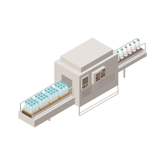 Isometrische zusammensetzung der milchproduktion mit lokalisiertem bild der industrieanlage auf leerer hintergrundvektorillustration