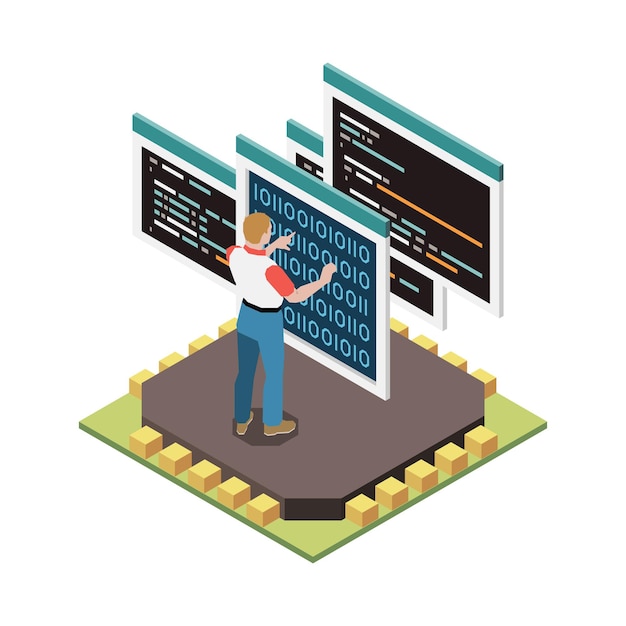 Isometrische zusammensetzung der programmierungsentwicklung mit bild des siliziumchips mit menschlichem charakter und code auf bildschirmvektorillustration