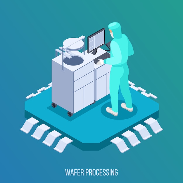 Kostenloser Vektor isometrische zusammensetzung der semicondoctor-produktion mit isometrischen symbolen für die waferverarbeitung