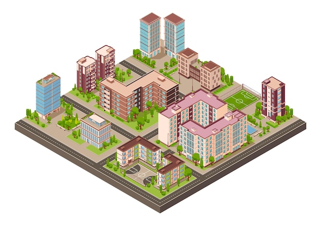 Kostenloser Vektor isometrische zusammensetzung der stadtgebäude mit isolierter ansicht des bezirksblocks mit straßen und modernen wohnhäusern, vektorgrafik