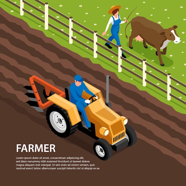 Isometrische Zusammensetzung der täglichen Arbeit des Landwirts mit Traktor, der Boden pflügt und Viehkuh zum Weiden bringt