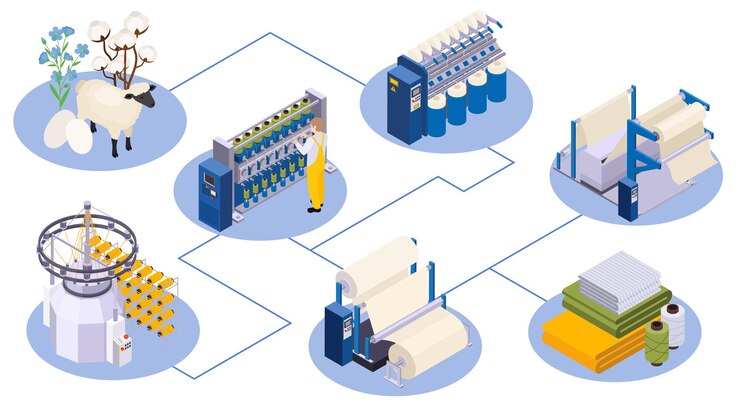 Kostenlose Vektor isometrische zusammensetzung der textilindustrie mit flussdiagramm von runden plattformen mit ikonen von wollquellen spinnrahmen vektorillustration