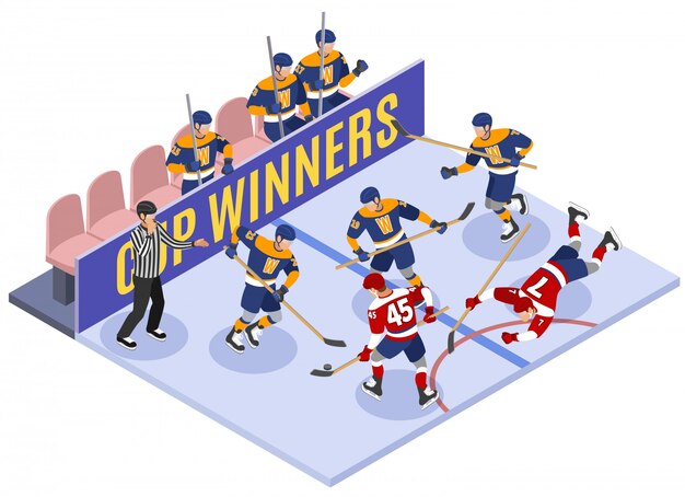 Isometrische Zusammensetzung des Eishockey-Pokalsiegerspiel-Momentes mit dem Regelverstoßreferenten, der Strafe festlegt