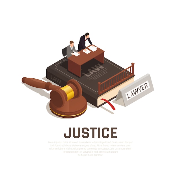Isometrische Zusammensetzung des Gerichtsverfahrens der gesetzlichen Gerechtigkeit auf Buch des bürgerlichen Gesetzbuches mit dem Angeklagten des Verteidigers Holzhammer