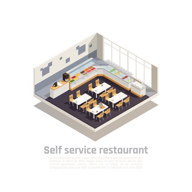 Isometrische Zusammensetzung Des Selbstbedienungsrestaurants Prasentiert Das Interieur Eines Gemutlichen Fast Food Restaurants Kostenlose Vektor