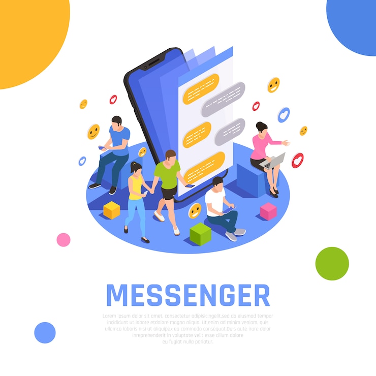 Kostenlose Vektor isometrische zusammensetzung des social media-netzwerks mit messenger-anwendungen, die auf dem smartphone-bildschirm geöffnet sind und benutzer kommunizieren