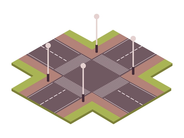 Kostenloser Vektor isometrische zusammensetzung des straßensatzes mit ansicht der unkontrollierten straßenkreuzung mit zebraüberquerungsvektorillustration