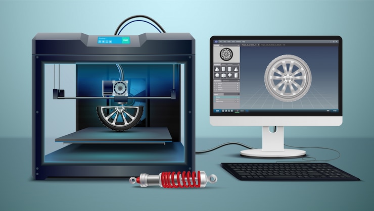 Kostenlose Vektor isometrische zusammensetzung mit computer- und 3d-druckprozessvektorillustration