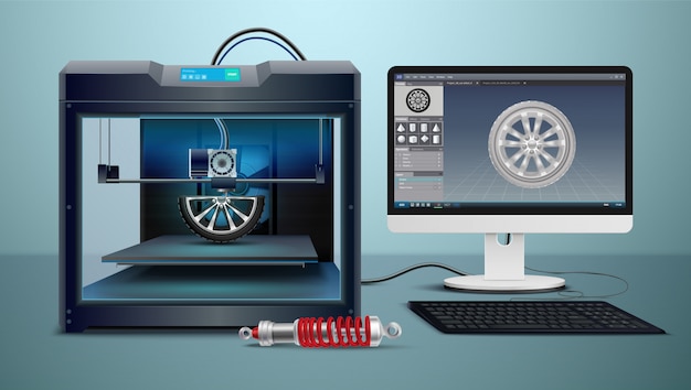 Isometrische Zusammensetzung mit Computer- und 3D-Druckprozessvektorillustration