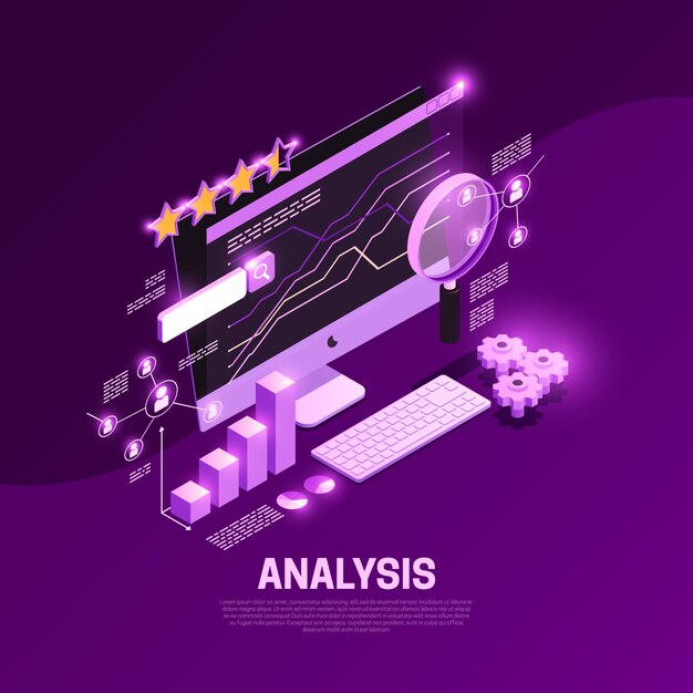 Isometrische Zusammensetzung Netz seo mit Inhaltsanalyse-Symbolillustration