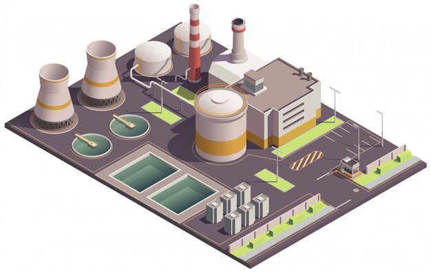 Isometrische Zusammensetzung von Industriegebäuden mit Wahrzeichen des Werksgeländes und Fabrikeinrichtungen mit Pools und Parkplatz